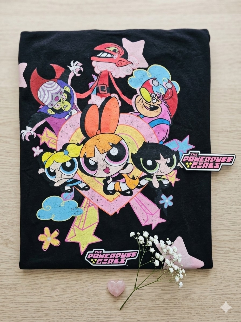 The Powerpuff Girls Black Graphic Tee - Colorful Cartoon Print